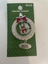 NWT Christmas Ornament Our First Christmas House Wreath Silver Red Glitter