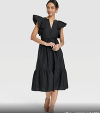 Women's Flutter Short Sleeve Poplin Tiered Midi Dress - A New Day - Black - SM