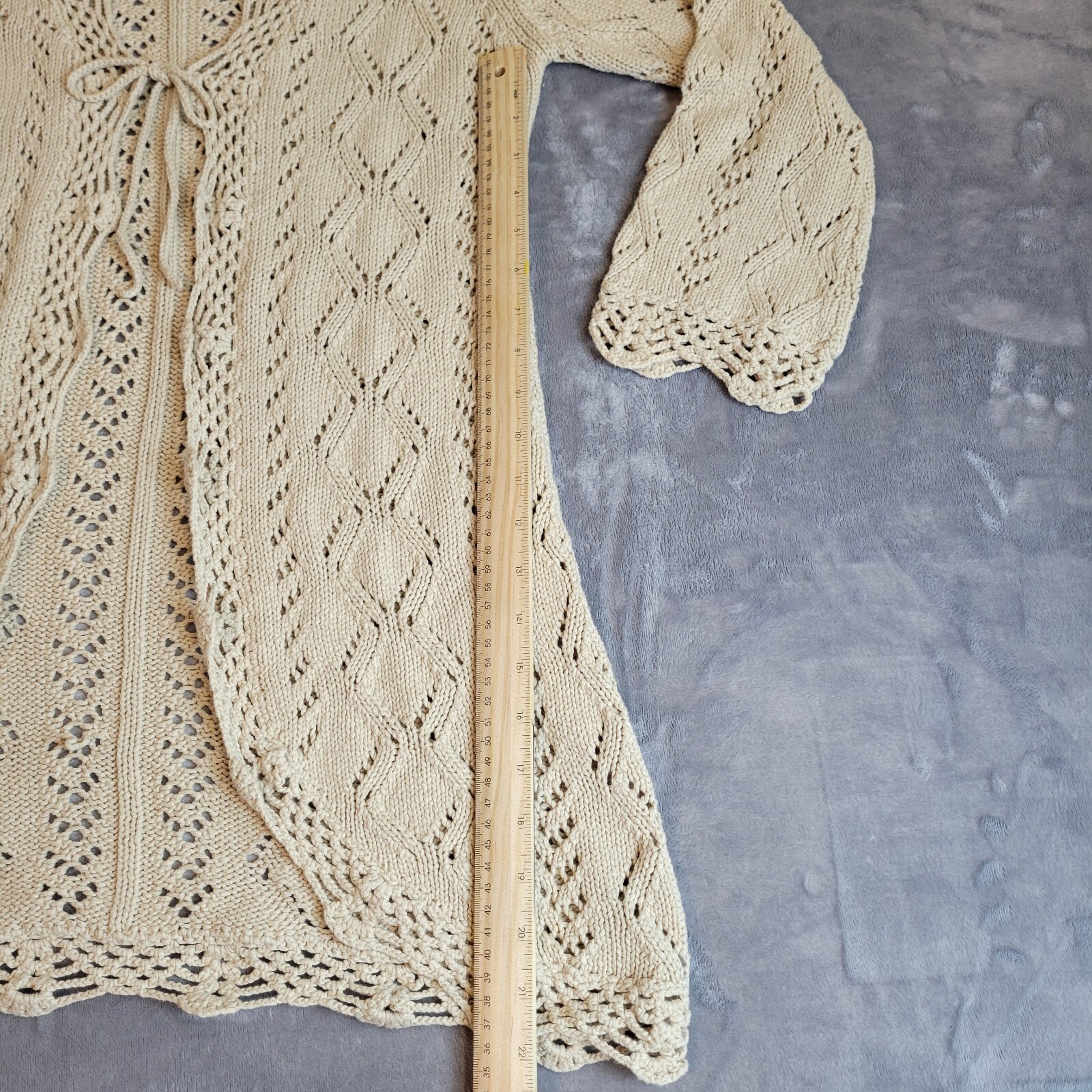 Chicos Open Front Cardigan 0 Tan Long Duster Open Knit Crochet Sweater Boho eBay