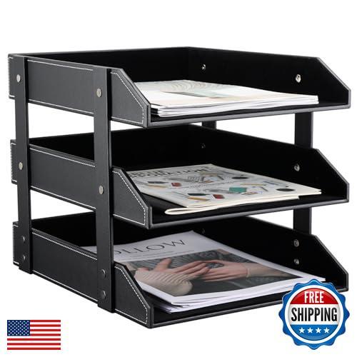 KINGFOM Leather and Wood Desk Letter Tray for Paper File Organization-image