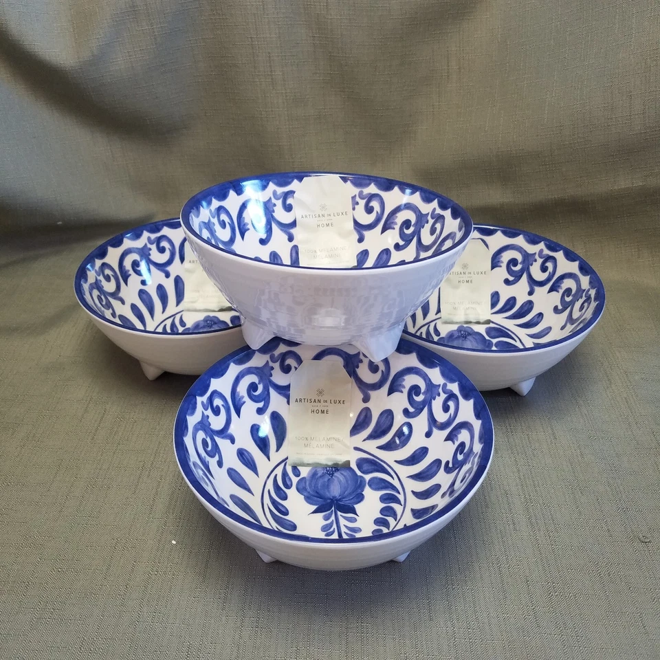 5-Artisan De Luxe BLUE ROSE SCROLL Melamina 4- Cuencos 6 1/4" - Cuenco para servir ¡NUEVO! Foto 3 de 4