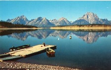 Grand Tetons Reflected in Jackson Lake with Boat Dock, Wyoming --POSTCARD
