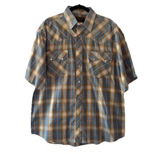 Vintage Rustler Wrangler Pearl Snap Western Shirt Plaid XL Short Sleeve Blue