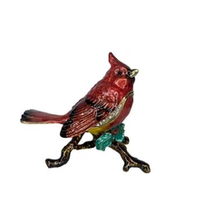 Jere Enameled Crystal Cardinal Bird Trinket Box Collectable