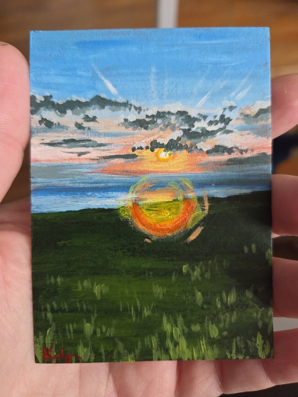 ACEO Art Card Original Water Landscape Sunset Acrylic Paint CreativelyRevived