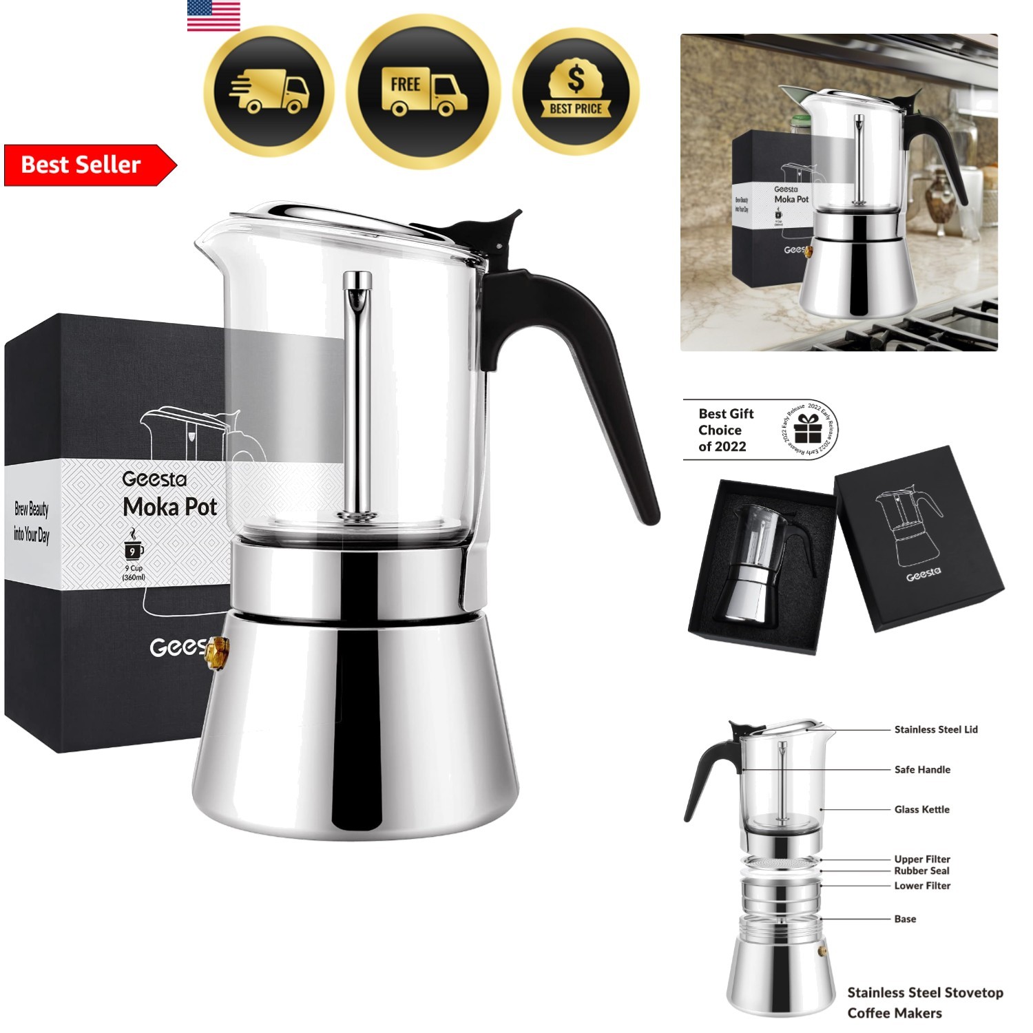 Moka Pot Espresso Pot Stovetop Stainless Steel 4 6 9 Cups