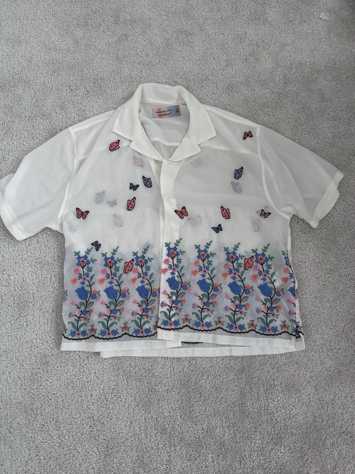 Abercrombie & Fitch Pride Camp Collar Embroidered Sheer Button Up Shirt