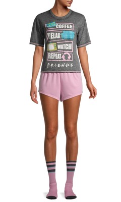 Women's Friends TV Show Pajama Set 3 PC Burnout Shirt Shorts W/ Crew Socks