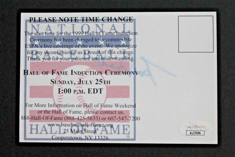 Tommy Lasorda (d.2021) Dodgers Autographed Signed HOF Induction 4x6 Postcard JSA - Image 3 of 4