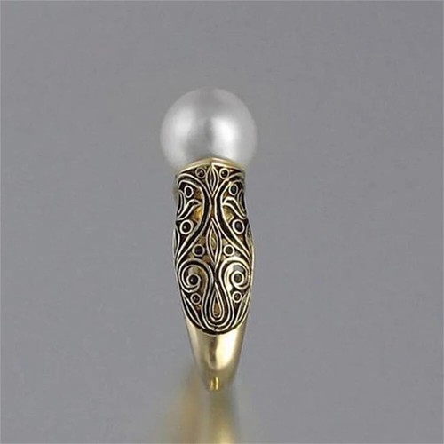 Modischer Ring mit weißen Perlenimitat Vintage goldfarben hohl Blumenmuster - Bild 3 von 15