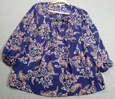 Counterparts Top Women’s Large Floral Paisley ¾ Sleeves Spring Boho Crewneck Tie