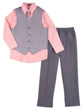 Infant  Toddler Boys Suit Peach  Gray Dress Up Outfit Shirt Vest Tie  Pants