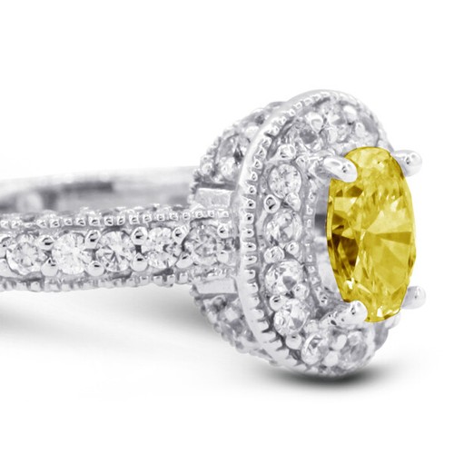 2.05ct Yellow SI1 Oval Shape Natural Certified Diamonds Plat Halo Sidestone Ring - Picture 4 of 11