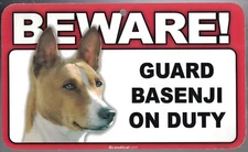 BEWARE GUARD BASENJI DOG ON DUTY 5" X 8" HANGABLE PLASTIC SIGN NEW
