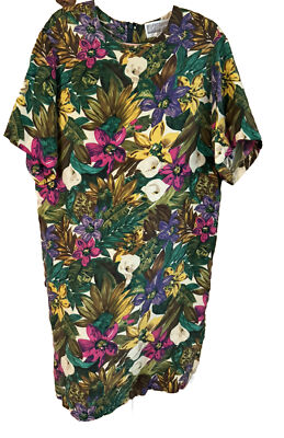 1980s  Pat Argenti  Bright Floral  100% Silk Dress Calla Lily EUC Vintage 12