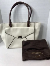 Kate Spade Johanna Envelope Tote Bag Purse Cream Brown Trim w/ Dust Bag  NR MINT