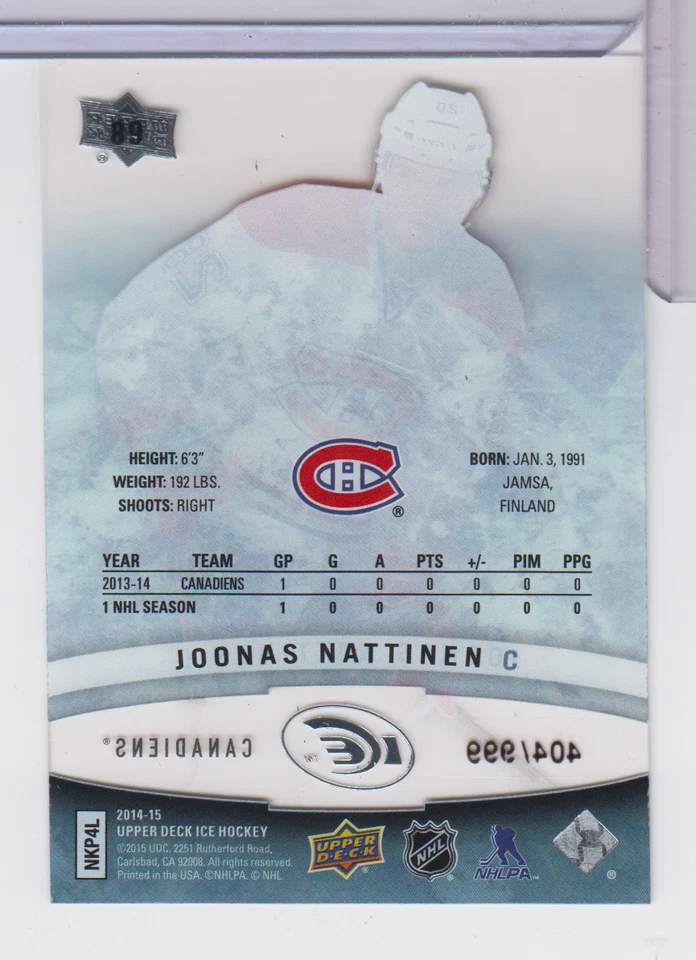 Joonas Nattinen Canadiens 2014-15 Upper Deck Premieres 404/999 #89 122622AZCD40 - Image 2 of 2