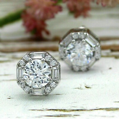 4.00 Ct Round Cut Real VVS1 Moissanite Halo Stud Earrings 14K White Gold Plated