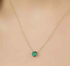 14K YELLOW GOLD 6MM PRONG SETTING SOLITAIRE EMERALD NECKLACE, MAY BIRTHSTONE