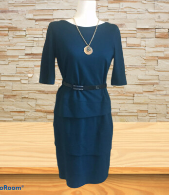 JONES NEW YORK SZ Women Size 6 Dark Green Fully Lined Sheath tiered dress  W/Belt | eBay