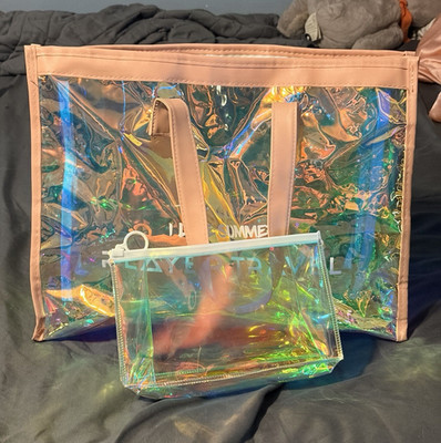 PLAYER TRAVEL Holographic Multicolor Plastic Tote Bag Foldable w/ Zip Pouch