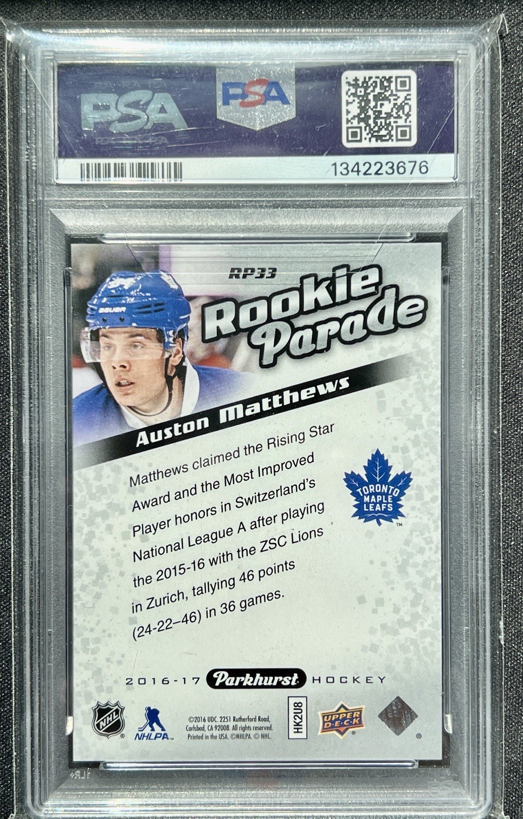 Auston Matthews 2016-17 Parkhurst #RP33 Rookie Parade Gold #/99 PSA 9 Mint view 2