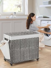160L Laundry Hamper with Lid 3 Section Rolling Basket Removable Liner