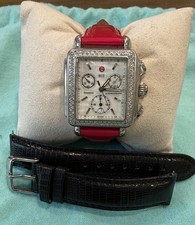 Michele Diamond Deco Watch Pink  Black Straps