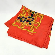 Auth CHANEL Red Large Silk Scarf Coco Mark Multicolor 96cm