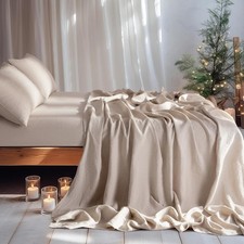 100 French Washed Pure Linen Natural Flax Bed Sheet 4PC Set King Sz Linen/Sand