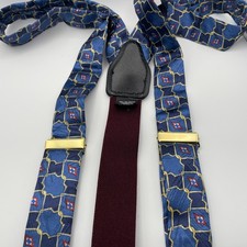 Mens Pelican Blue Geometric Pattern Suspenders Burgundy Elastic Strap Gold Clips