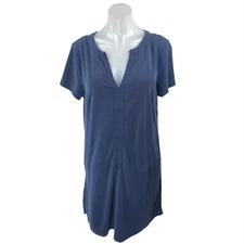 Tahari Navy Blue Short Sleeve Notch V Neck T Shirt Shift Mini Dress Size L 