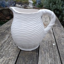 Vintage White Ceramic Basketweave Pitcher Jug Vase Twisted Handle Cottagecore