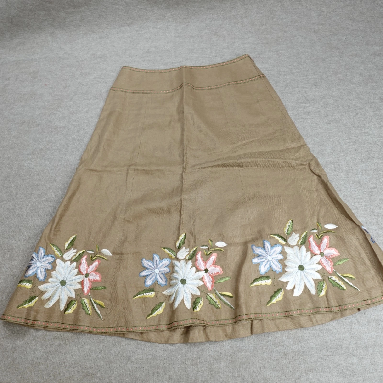 Saks 5th Ave Womens Skirt 10 Beige 100% Linen Embroidered Floral NEW