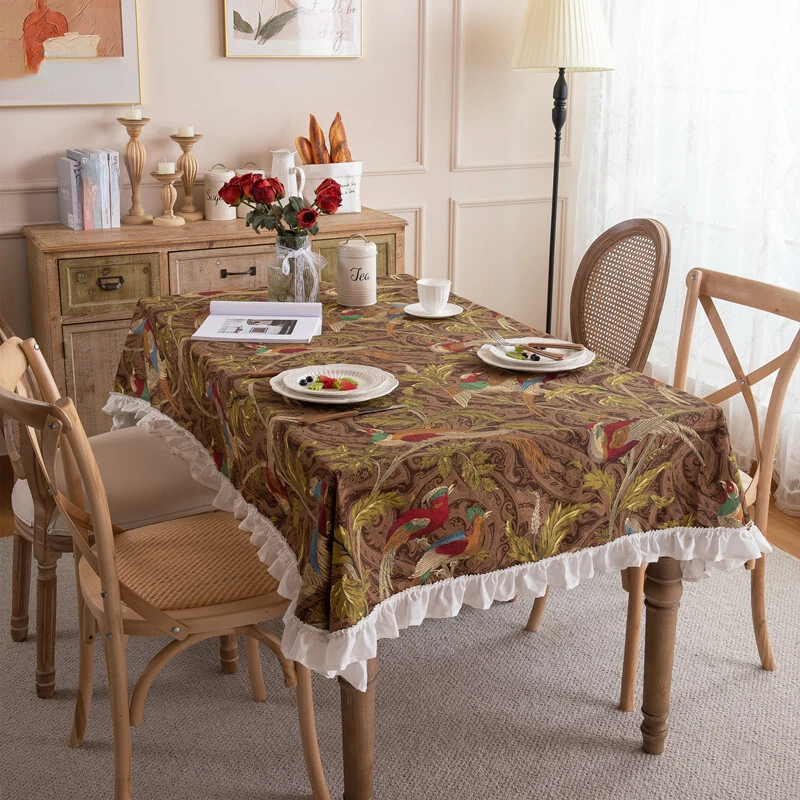 1PC American Retro Canvas Tablecloth Phoenix Pattern Ruffled Table Runner Ethnic - Image 4 of 4