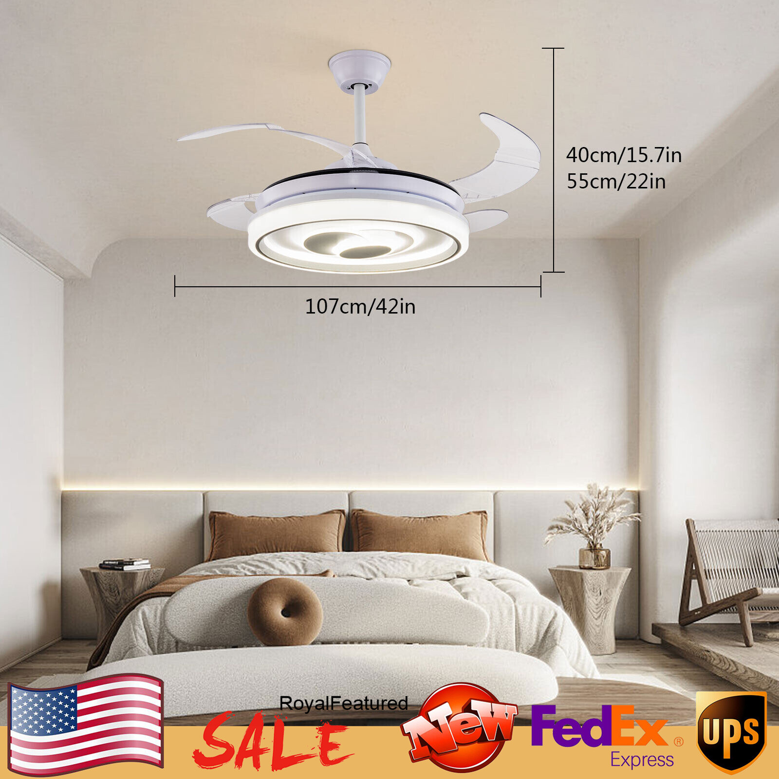 42 Inch Retractable Ceiling Fan with LED Light 3 Colors 6 Speeds Remote Control Chandelier