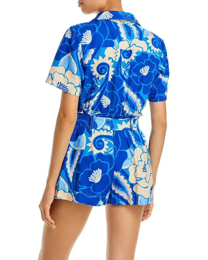 Macacão FARM RIO azul branco floral tropical groover mistura de linho L 12/14 - Imagem 2 de 4