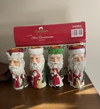 Santa Candle Holders, HOLLY TREE CHRISTMAS VINTAGE SET OF 4 BISQUE PORCELAIN ￼