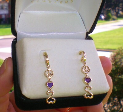 Jane Seymour 14K YG PEACE LOVE OPEN HEARTS Earrings Feb Birthstone KAY JEWELER