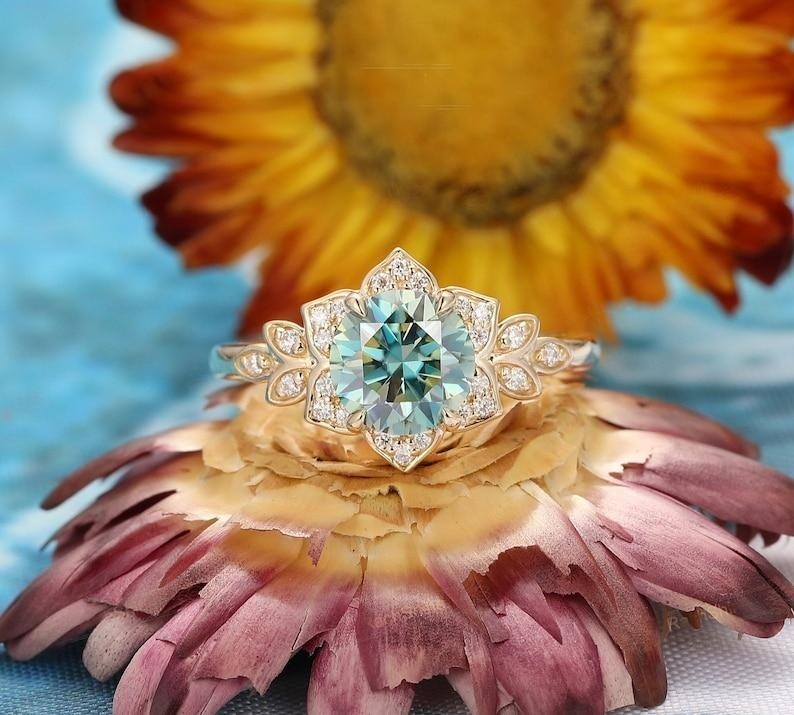 Moissanite Engagement Ring, Unique Wedding Ring, Round  7mm Blue Moissanite Ring-image