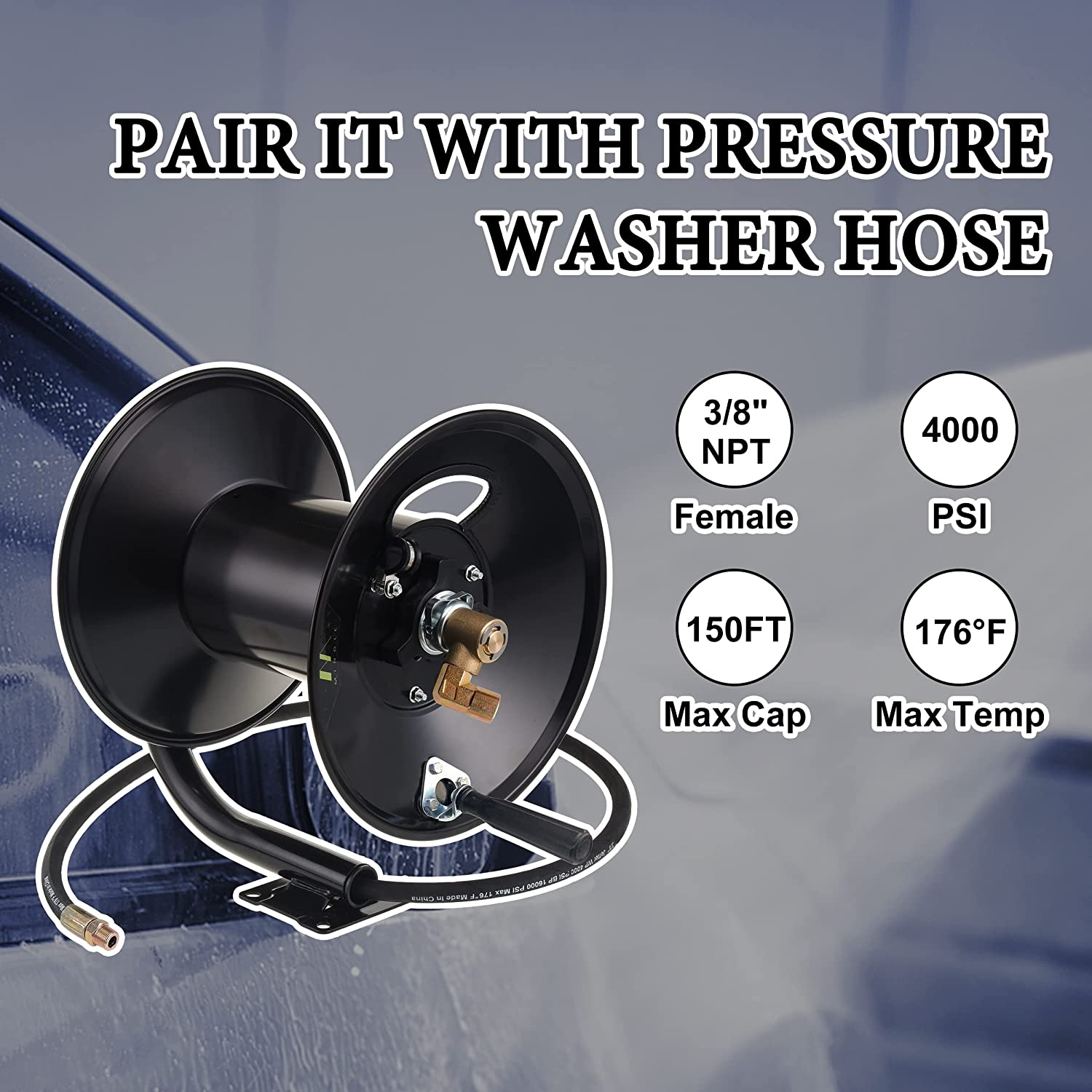 HeavyDuty HighPressure Washer Hose Reel 150Ft w/ 3/8" Pressure Wash