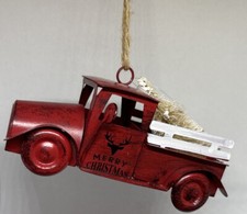 Metal Christmas Ornaments Classic Pickup Red Truck w/Tree Farm Rustic Decor 5  