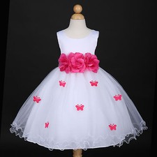 White/Fuchsia Hot Pink Butterfly Wedding Flower Girl Dress 6M 12M 18M 2 4 6 8 10