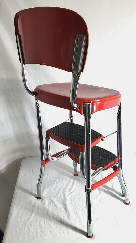 Vintage Stylaire Red Metal Fold Out Step Stool Chair Chrome Legs Pick-Up Only - Image 3 of 4