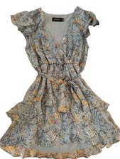 MINK PINK Dahlia Floral Frill Dress Sz Medium Lined Blue Gorgeous $99 Retail