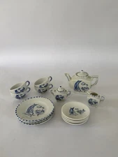 Vintage Miniature Tea Set 15 Pieces Made In Japan Porcelain Blue Boat And House