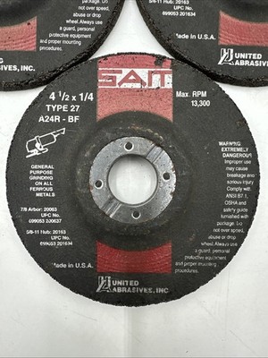 United Abrasives SAIT A24R-BF 4-1/2 x 1/4 Type 27 Grinding Wheel 7/8 Arbor QTY 3
