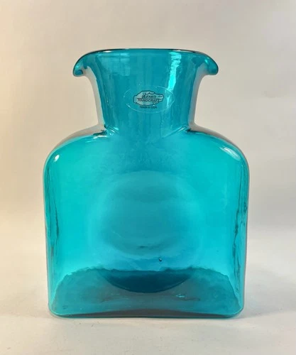 Blenko Teal Double Spout Glass Water Pitcher Carafe Bottle 2013 Walter Blenko