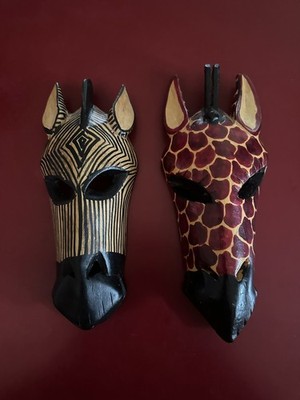 Wooden Hand Carved African Zebra And Giraffe Mask Hanging Wall Art 9''