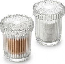 2 Pack Glass Qtip Holder Dispenser Bathroom Canister Apothecary Jars W/ Lids